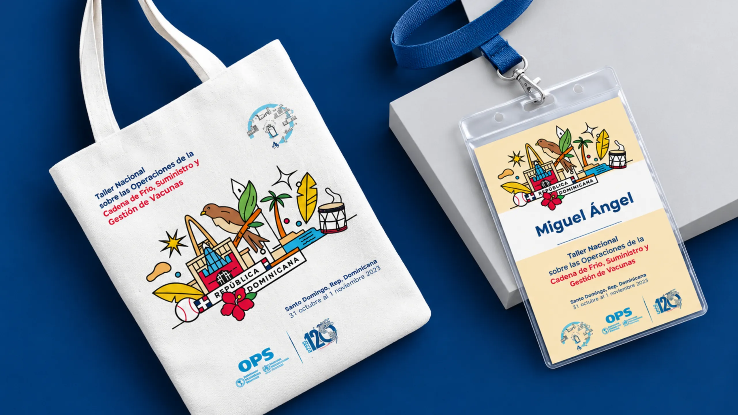Bolsa y gafete del Taller Nacional de la OPS en República Dominicana