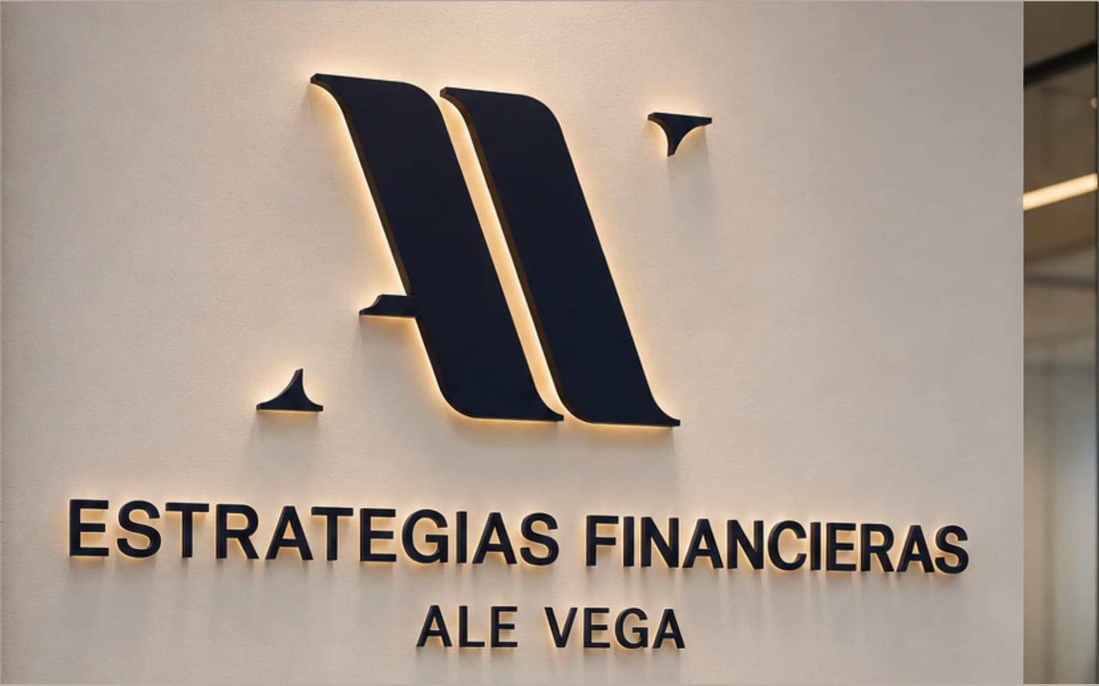 Letras iluminadas en la recepción, de Estrategias Financieras Ale Vega